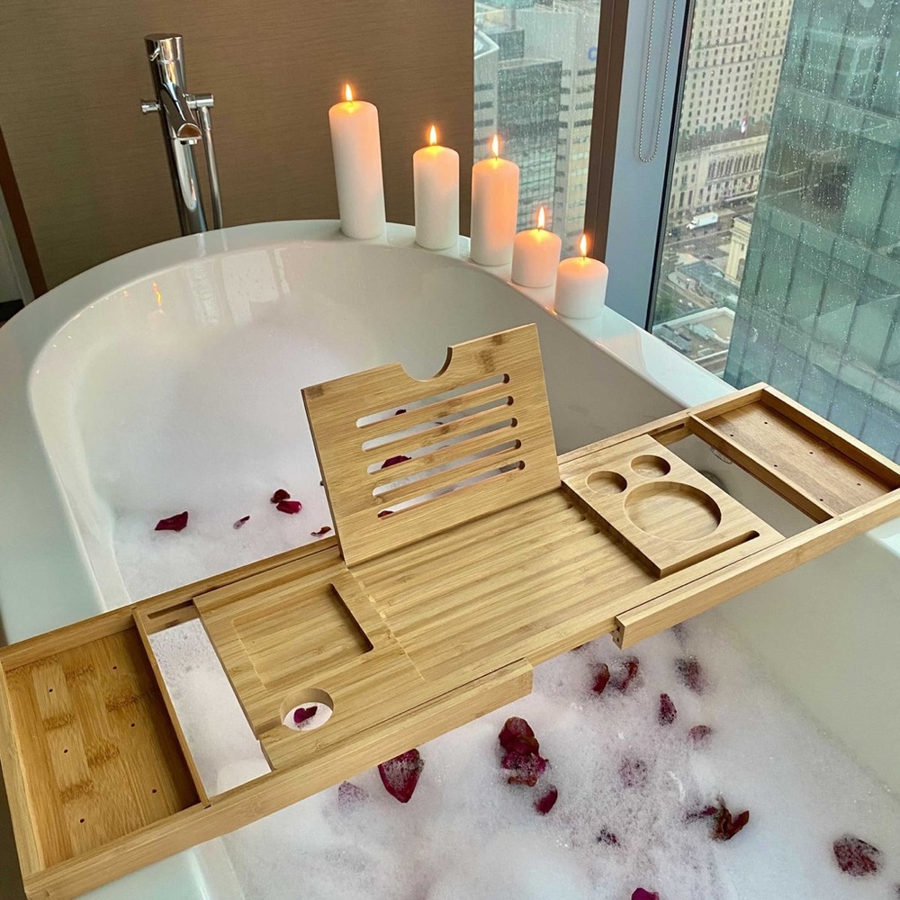 Still Serenity Luxury Bamboo Bath Caddy Tray + FREE BATH PILLOW